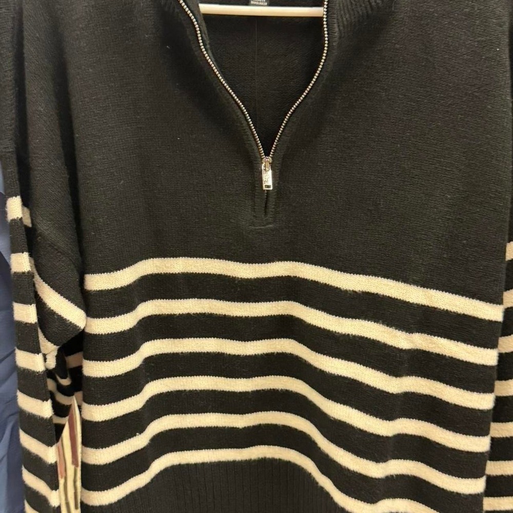 Black White Striped Quarter Zip Pullover Sweater NWT Classic Style